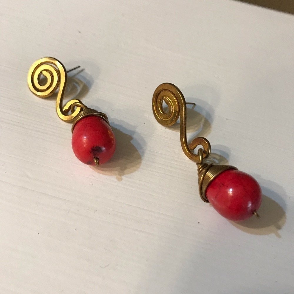 💍 VINTAGE Brass & Carnelian Precious Stone Earrings